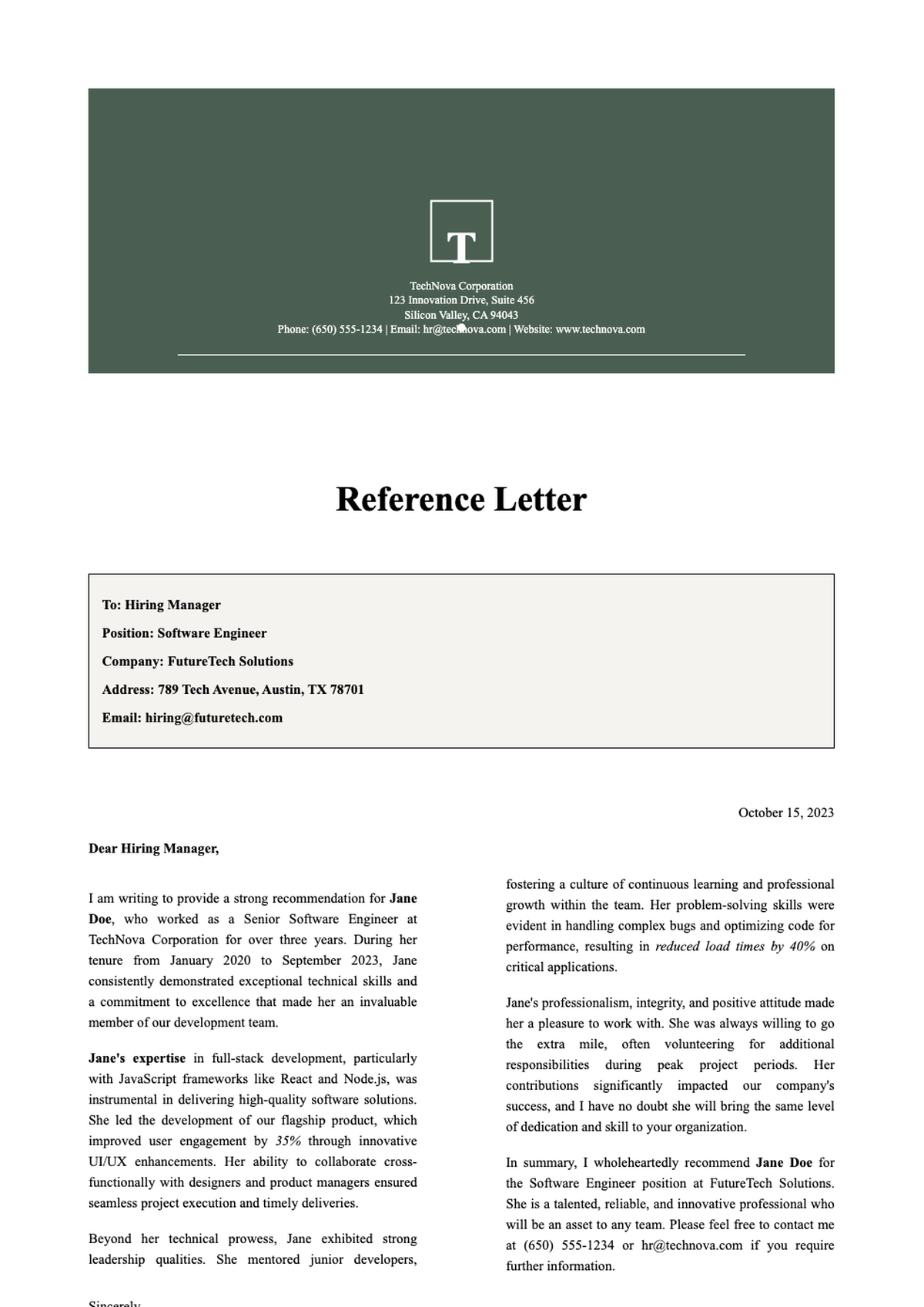 Professional job reference letter template with dark header and contact details_variant_2
